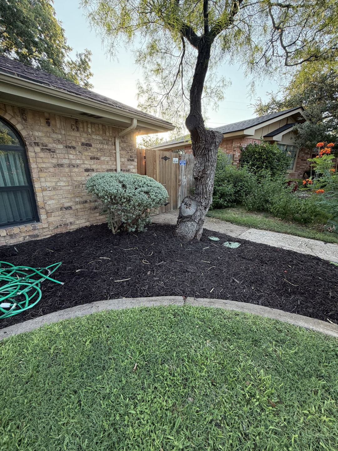 Edged lawn with fresh mulch beds along a brick home