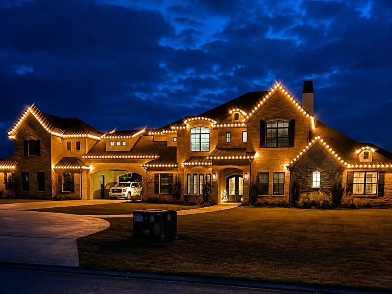 Large stone home outlined in warm white Christmas lights along every roofline at dusk
